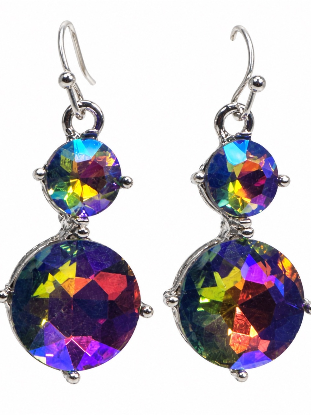 Repurposed Mystic Rainbow Crystal Drop Earrings - Silver Tone